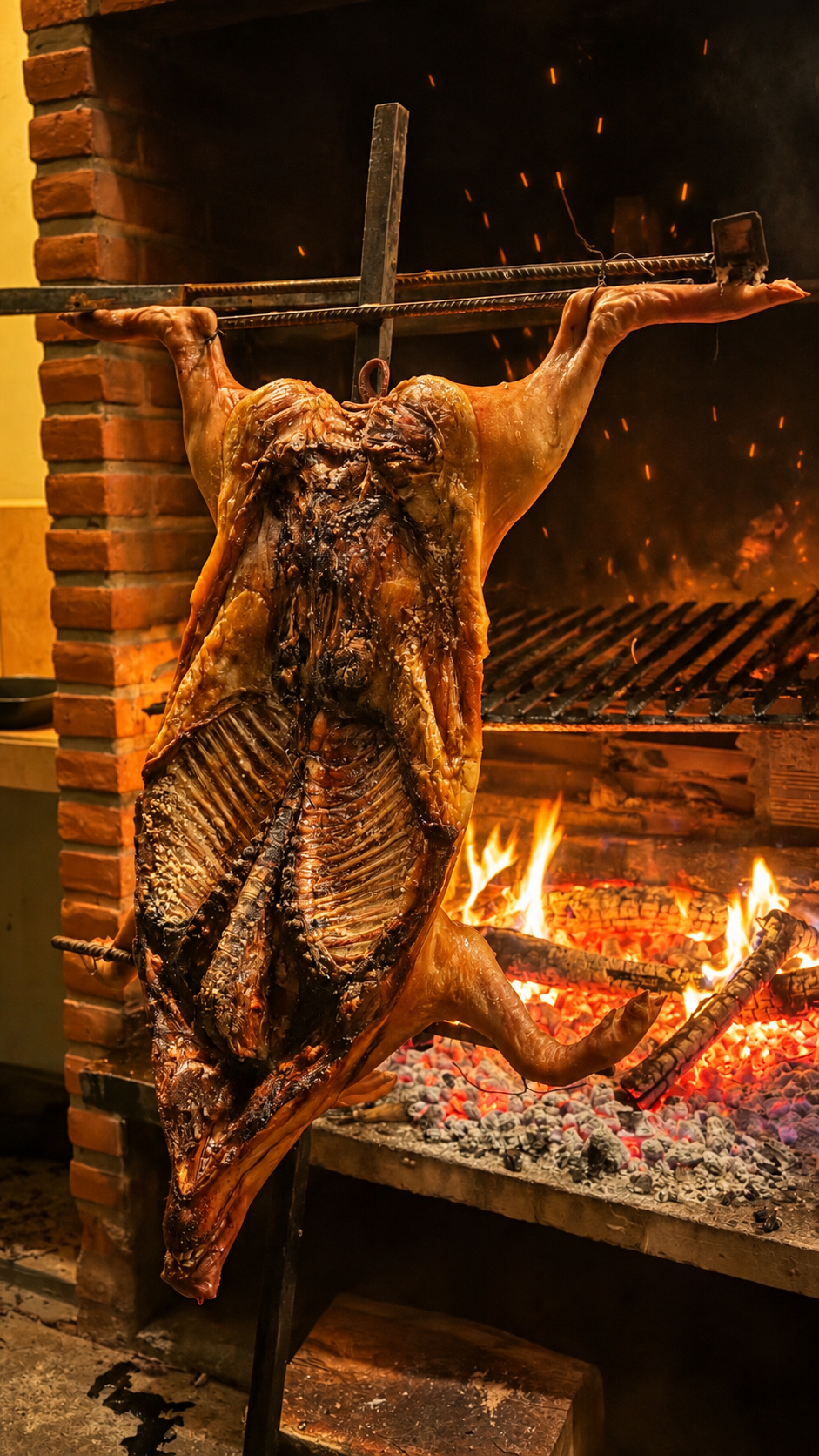 The lechón a la cruz roasting slowly over the fire