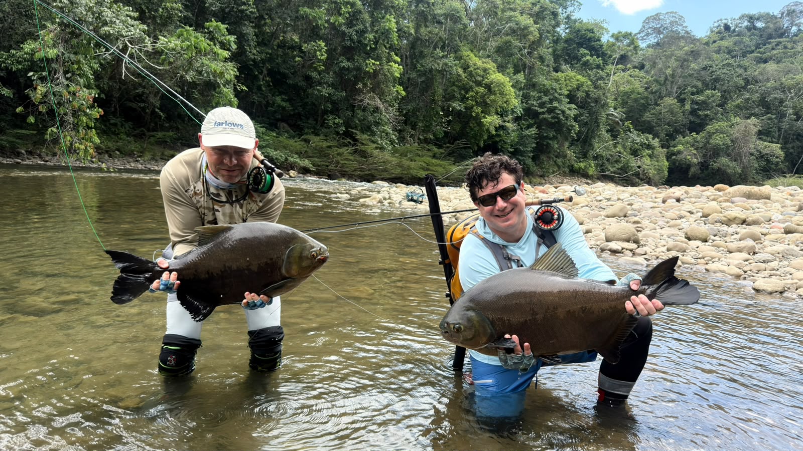 Two anglers, each holding one of the pacú from the double